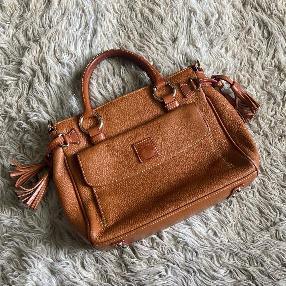 Dooney & Bourke brown leather satchel bag tassel accents